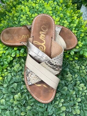 Sam Edelman Metallic Snake-Print and Beige Crisscross Slide Sandals